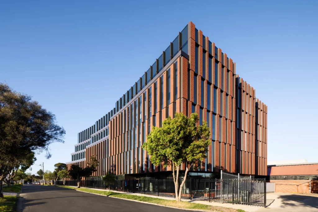 Caulfield Grammar School building exterior with terracotta vertical fin facade