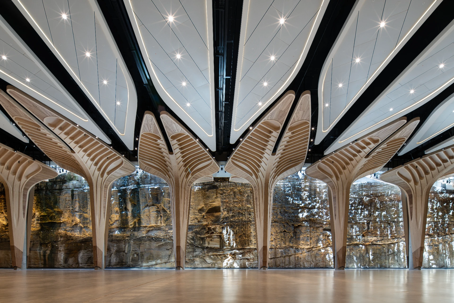 The Cutaway interior with sculptural ribbed vaulted ceiling and sandstone rock walls