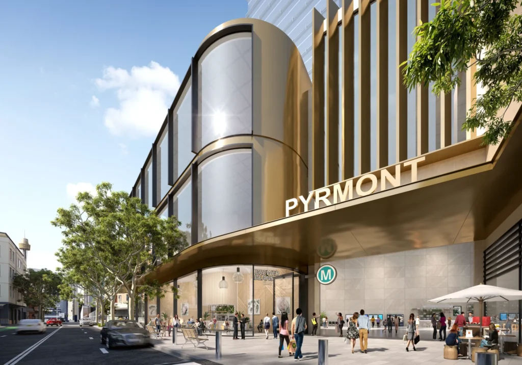 Architectural render of Pyrmont metro station with a curved gold facade