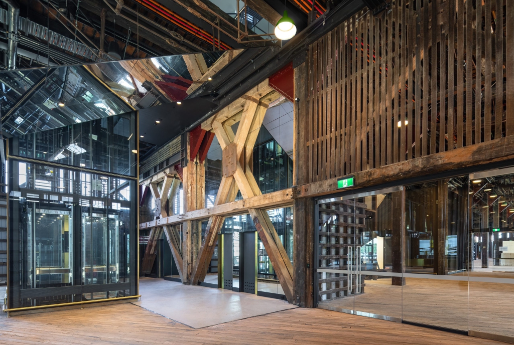 Heritage timber interior and glass lift at the Walsh Bay Arts Precinct