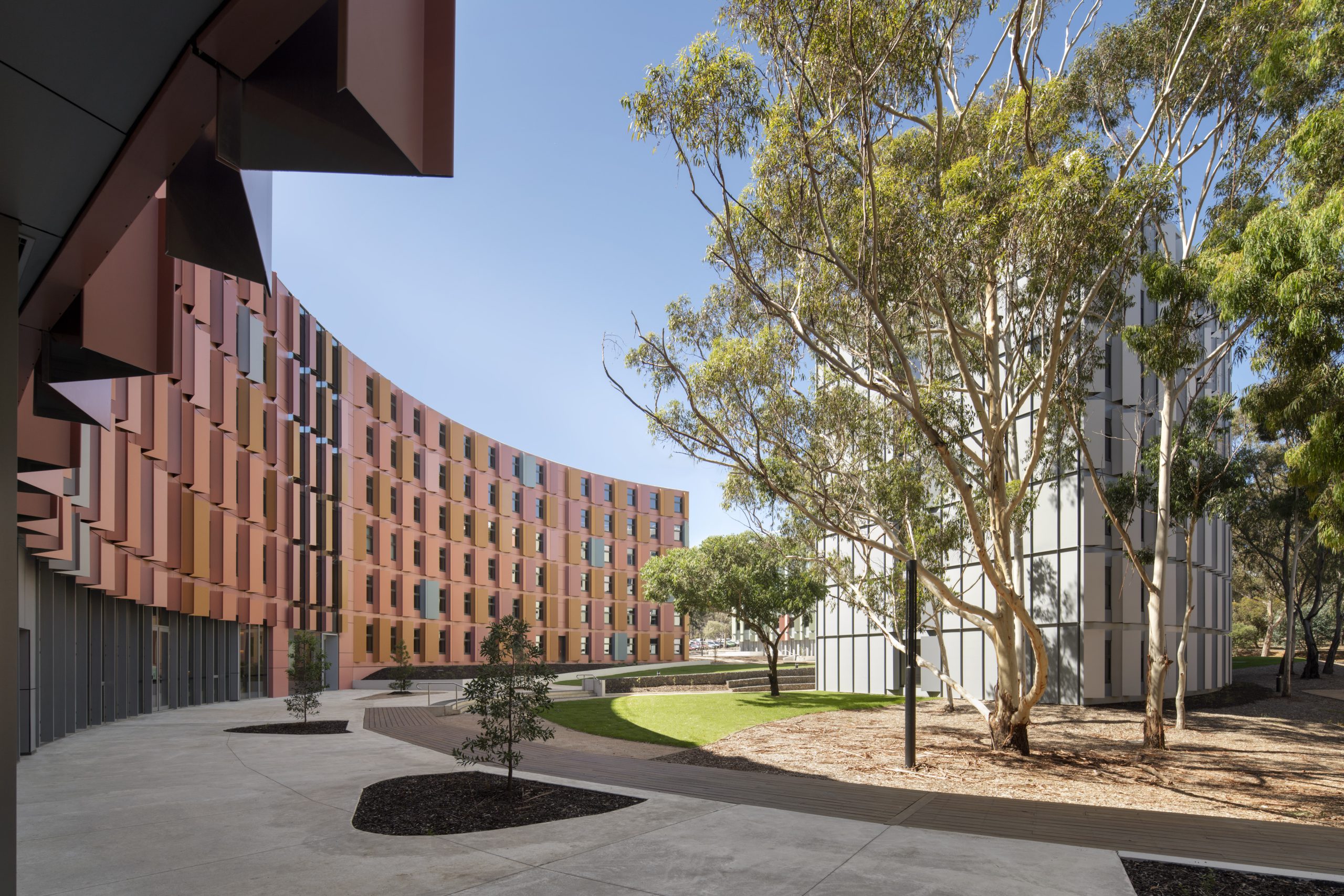 Curved exterior of La Trobe University student accommodation